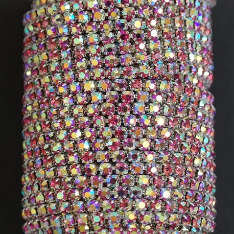 FUR-0181-80 Ланцюг під срібло з червоно-рожевими АВ камінчиками (2 мм, кришталики) 10 см